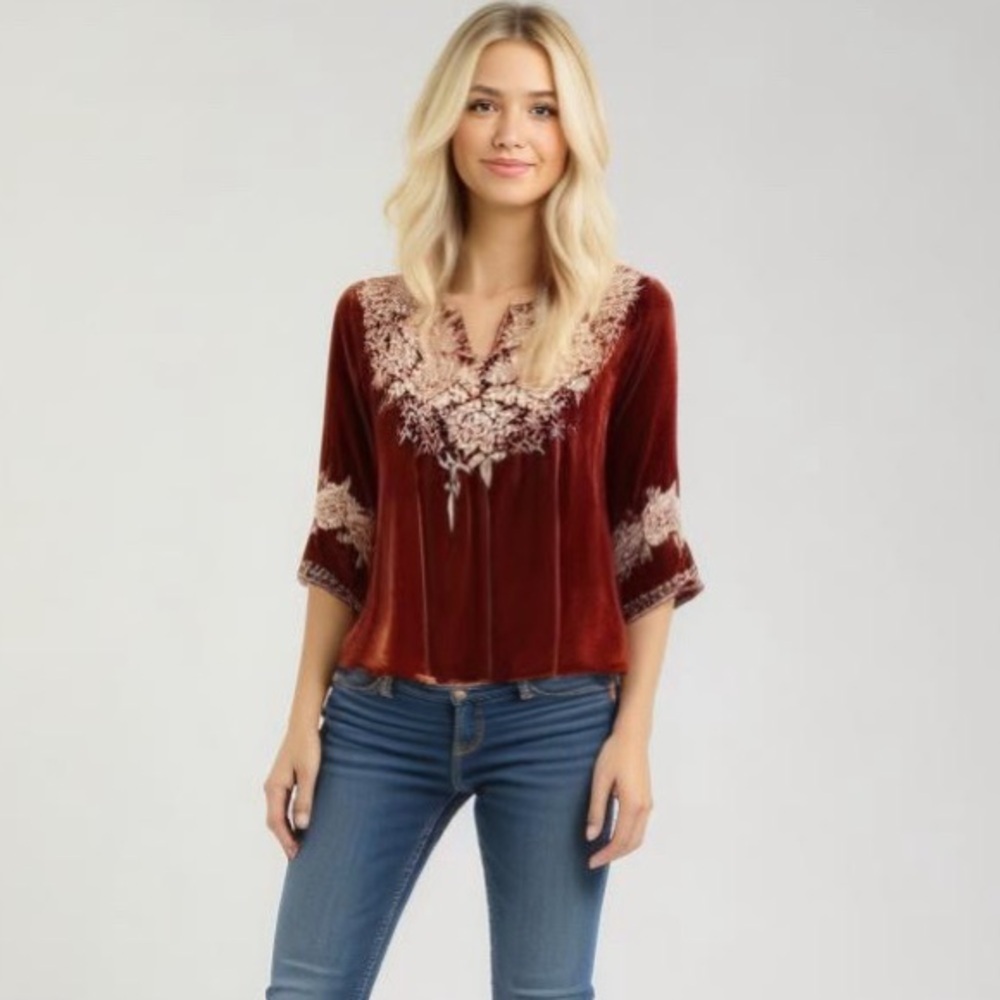 Johnny Was Heavily Embroidered Olenna Velvet 3/4 Sleeve Flutter Top NWT - Picture 2 of 8